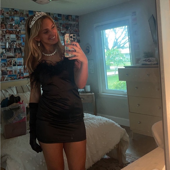 Black Satin Feather Slip Dress - Picture 3 of 4